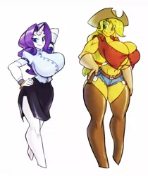 Size: 1077x1280 | Tagged: abs, applebucking thighs, applejack, applejacked, arm behind head, artist:bigdad, belly button, big breasts, breasts, busty applejack, busty rarity, cleavage, clothes, daisy dukes, derpibooru import, female, height difference, hips, hooves, huge breasts, human facial structure, impossibly large breasts, muscles, pony colored satyr, pony coloring, rarity, satyr, shorts, skirt, suggestive, thighs, underboob, wide hips