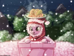 Size: 960x720 | Tagged: artist:lumineko, balancing, chimney, clothes, cute, derpibooru import, food, jacket, oc, oc:fluffle puff, open mouth, safe, smiling, snow, snowfall, solo, spaghetti, steam, taco, unofficial characters only