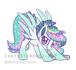 Size: 1024x946 | Tagged: safe, artist:zowiestardust-mlp, derpibooru import, oc, oc:glitter glam, unofficial characters only, pegasus, ear fluff, grin, looking at you, smirk, solo, sparkles, spread wings, watermark, wingding eyes