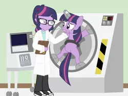 Size: 851x637 | Tagged: safe, artist:dm29, derpibooru import, sci-twi, twilight sparkle, twilight sparkle (alicorn), equestria girls, rainbow rocks, belly button, converse, duo, glasses, human ponidox, impending torture, in the name of science, spread eagle, twolight
