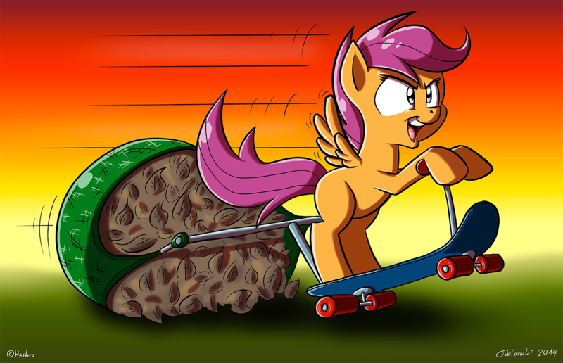 Size: 1280x826 | Tagged: artist:tobibrocki, derpibooru import, leaves, safe, scootaloo, scooter