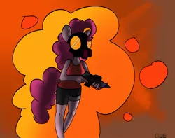 Size: 1110x873 | Tagged: abstract, anthro, artist:tehboxpony, clothes, derpibooru import, explosion, fire, gun, hot, laser gun, lazer gun, pinkie pie, pyro, ready, running, safe, shorts, tanktop, trigger discipline