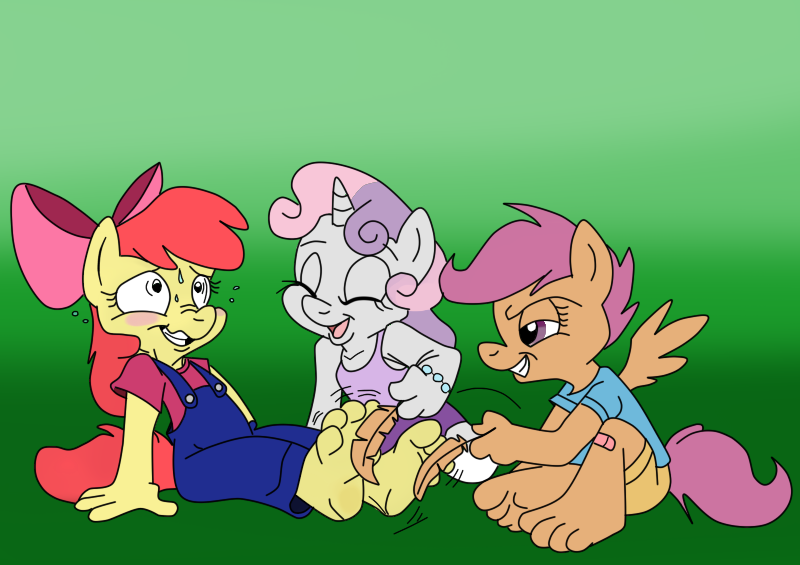 Size: 800x565 | Tagged: anthro, apple bloom, artist:ced75, artist:kuroi-wolf, barefoot, cutie mark crusaders, feet, fetish, foot fetish, plantigrade anthro, safe, scootaloo, sweetie belle, tickling, toes