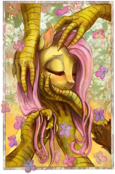 Size: 750x1131 | Tagged: safe, artist:cosmicunicorn, derpibooru import, discord, fluttershy, butterfly, adoracreepy, blushing, claws, creepy, cute, discoshy, ear fluff, eyes closed, female, male, petting, shipping, smiling, straight, touch