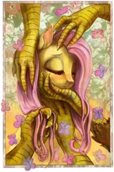 Size: 750x1131 | Tagged: safe, artist:cosmicunicorn, derpibooru import, discord, fluttershy, butterfly, adoracreepy, blushing, claws, creepy, cute, discoshy, ear fluff, eyes closed, female, male, petting, shipping, smiling, straight, touch