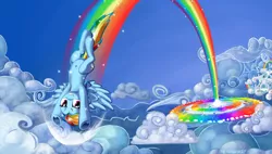 Size: 4370x2480 | Tagged: safe, artist:the-human-wolf, derpibooru import, rainbow dash, belly button, cloud, cloudsdale, cloudy, flying, solo, sonic rainboom, sparkles, underhoof