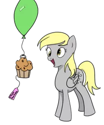 Size: 731x876 | Tagged: safe, artist:varemia, derpibooru import, derpy hooves, pegasus, pony, balloon, female, mare, muffin, open mouth, present, smiling, solo