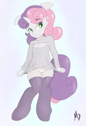 Size: 2161x3153 | Tagged: anthro, artist:mdgusty, boob window, breasts, clothes, delicious flat chest, derpibooru import, female, flatie belle, frilly underwear, keyhole turtleneck, older, open-chest sweater, panties, solo, solo female, stockings, suggestive, sweater, sweetie belle, turtleneck, underwear, yellow underwear