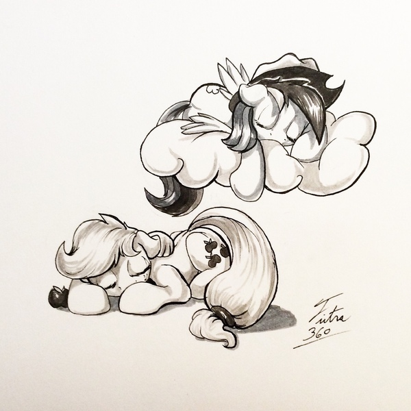 Size: 1280x1280 | Tagged: safe, artist:tsitra360, derpibooru import, applejack, rainbow dash, accessory swap, cute, dashabetes, jackabetes, monochrome, sleeping, traditional art