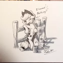 Size: 1280x1280 | Tagged: applejack, artist:tsitra360, derpibooru import, drunk, drunk aj, monochrome, safe, solo, traditional art