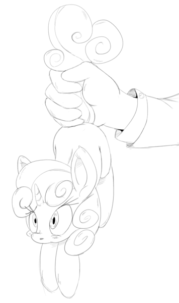 Size: 593x1000 | Tagged: safe, artist:purple-yoshi-draws, derpibooru import, sweetie belle, human, pony, blushing, hand, holding a pony, monochrome, tail hold, tail pull