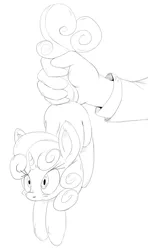 Size: 593x1000 | Tagged: safe, artist:purple-yoshi-draws, derpibooru import, sweetie belle, human, pony, blushing, hand, holding a pony, monochrome, tail hold, tail pull