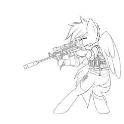 Size: 1500x1500 | Tagged: safe, artist:yunguy1, derpibooru import, pony, bipedal, carbine, clothes, gloves, gun, holster, lineart, m4a1, military, monochrome, shirt, socks, solo, undershirt, vest, wip