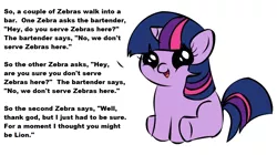 Size: 1194x668 | Tagged: safe, derpibooru import, twilight sparkle, big cat, lion, unicorn, zebra, bar, exploitable meme, filly, filly twilight sparkle, filly twilight telling an offensive joke, image macro, implied vore, meme, obligatory pony, out of character, simple background, solo, unicorn twilight, white background