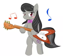 Size: 1936x1711 | Tagged: safe, artist:timorikawa, derpibooru import, octavia melody, earth pony, pony, bipedal, blush sticker, blushing, female, guitar, looking at you, mare, music notes, pixiv, simple background, smiling, solo, white background