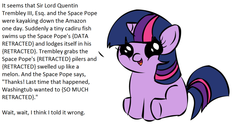 Size: 1194x674 | Tagged: derpibooru import, exploitable meme, filly twilight sparkle, filly twilight telling an offensive joke, futurama, gravity falls, irrational treasure, meme, obligatory pony, quentin trembley, redacted, red vs blue, safe, sam and max, space pope, twilight sparkle, vulgar, washingtub