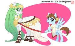 Size: 800x486 | Tagged: safe, artist:elm goshogawara, derpibooru import, ponified, earth pony, pegasus, pony, clothes, colt, dress, duo, female, jewelry, kid icarus, laurel wreath, looking at you, male, mare, open mouth, palutena, pit (kid icarus), pixiv, rearing, smiling, spread wings