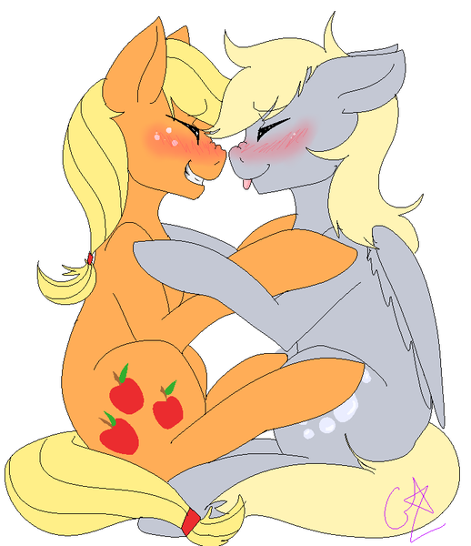 Size: 723x838 | Tagged: safe, artist:xxaurelia, derpibooru import, applejack, derpy hooves, earth pony, pegasus, blushing, boop, cute, derpabetes, derpyjack, female, lesbian, mare, noseboop, shipping