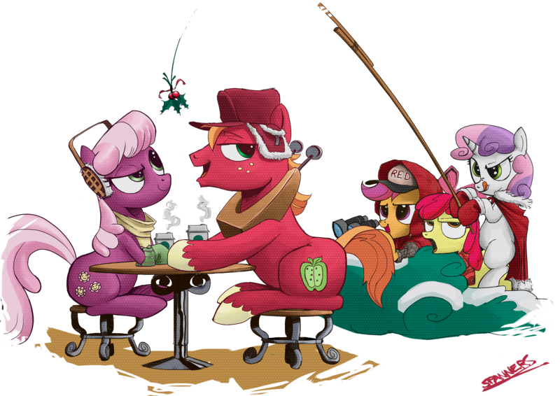 Size: 3508x2480 | Tagged: safe, artist:php60, derpibooru import, apple bloom, big macintosh, cheerilee, scootaloo, sweetie belle, earth pony, pony, bedroom eyes, big macintosh's yoke, binoculars, bush, cape, chair, cheeribetes, cheerimac, cloak, clothes, coffee, cute, cutie mark crusaders, earmuffs, fishing rod, frown, glare, hat, holly, holly mistaken for mistletoe, licking, licking lips, macabetes, male, mittens, nose wrinkle, open mouth, raised eyebrow, scarf, shipper on deck, shipping, sitting, smiling, snow, stallion, stool, straight, table, tongue out, unamused, winter