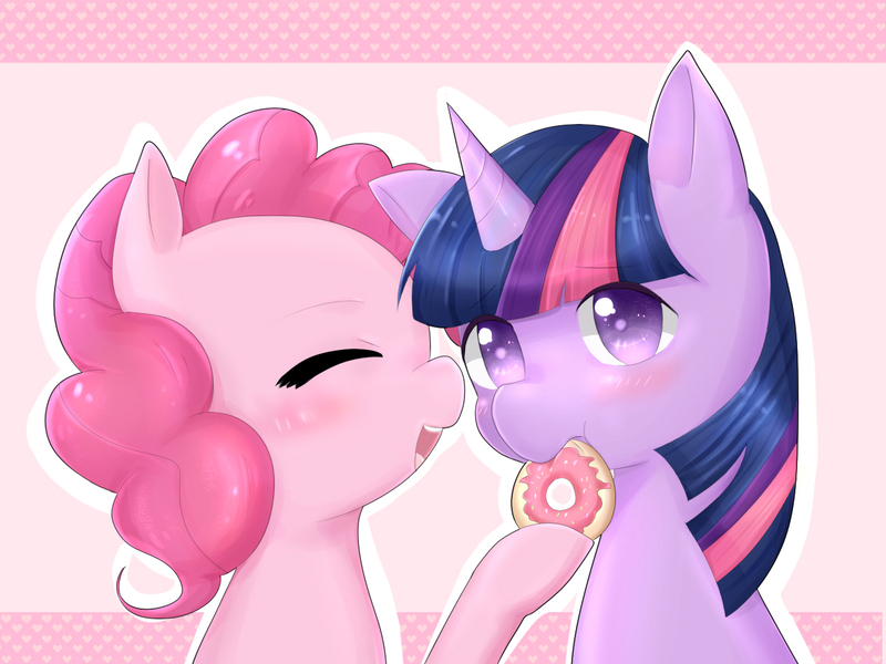 Size: 1400x1050 | Tagged: safe, artist:shouyu musume, derpibooru import, pinkie pie, twilight sparkle, donut, eating, female, lesbian, pixiv, shipping, twinkie