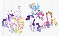 Size: 1428x867 | Tagged: safe, artist:sweetsound, artist:xin yu hua yin, derpibooru import, applejack, fluttershy, pinkie pie, rainbow dash, rarity, twilight sparkle, twilight sparkle (alicorn), alicorn, parasprite, pegasus, pony, unicorn, ..., applejack's hat, boob window, book, clothes, cowboy hat, eyes closed, female, flying, group, hat, keyhole turtleneck, looking at you, looking back, mane six, mare, open-chest sweater, pixiv, question mark, rainbow dash always dresses in style, silly, silly pony, simple background, smiling, speech bubble, spread wings, sweater, sweatershy, turtleneck, wardrobe misuse, we don't normally wear clothes, wings, you're doing it wrong