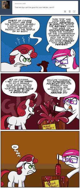 Size: 1048x2433 | Tagged: artist:catfood-mcfly, blood, comic, derpibooru import, dunking, dye, feminism, fury belle, glasses, gross, little red, menstrual blood, menstruation, nasty, pun, suggestive, sweetie belle, tampon, tumblr comic, vulgar, weasel