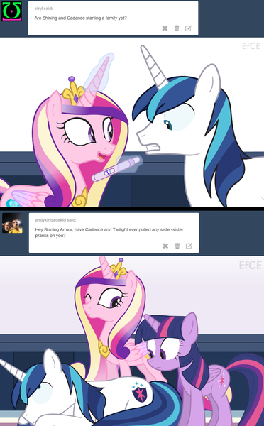 Size: 839x1353 | Tagged: safe, artist:dm29, derpibooru import, princess cadance, shining armor, twilight sparkle, twilight sparkle (alicorn), alicorn, pony, ask, episodes from the crystal empire, faint, female, mare, prank, pregnancy test, trio, tumblr, wink