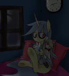 Size: 900x1000 | Tagged: safe, artist:fullmetalpikmin, derpibooru import, oc, oc:viewing pleasure, unofficial characters only, unicorn, bags under eyes, clock, insomnia, pillow, sleep deprivation