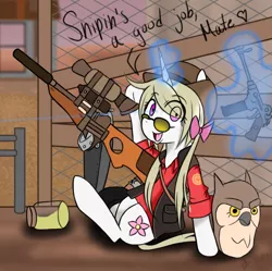 Size: 776x774 | Tagged: safe, artist:fullmetalpikmin, derpibooru import, oc, oc:cherry blossom, pony, congenital amputee, crossover, gun, hitman's heatmaker, jar, jarate, levitation, magic, pee in container, rasmus, sir shootsalot, sniper, team fortress 2, telekinesis, urine, weapon