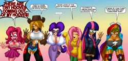 Size: 1297x615 | Tagged: applejack, artist:lordcoyote, belly button, breasts, busty applejack, busty pinkie pie, busty rainbow dash, busty rarity, chaps, cleavage, clothes, dark skin, derpibooru import, diversity, female, fluttershy, human, humanized, line-up, mane six, pinkie pie, rainbow dash, rarity, suggestive, sweater, sweatershy, twilight sparkle