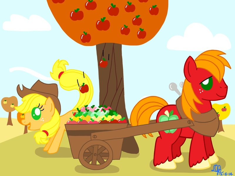 Size: 1024x768 | Tagged: safe, artist:dabestpony, derpibooru import, applejack, big macintosh, earth pony, pony, apple, applebucking, autumn, cart, harvest, male, stallion