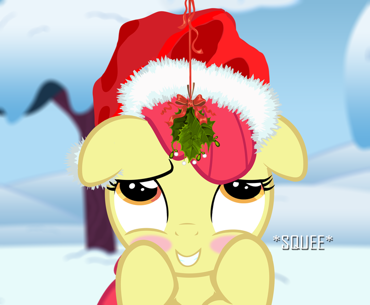 Size: 2975x2454 | Tagged: adorabloom, apple bloom, artist:shutterflyeqd, blushing, cute, derpibooru import, facing you, hat, holly, holly mistaken for mistletoe, mistleholly, mistletoe, part of a set, safe, santa hat, snow, solo, squee