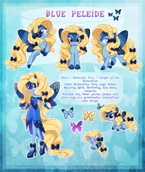 Size: 3300x3902 | Tagged: safe, artist:lessanamidairo, derpibooru import, oc, oc:blue peleide, unofficial characters only, butterfly, butterfly pony, original species, pony, equestria girls, abstract background, bow, butterfly wings, equestria girls-ified, ponied up, reference sheet, solo, tail bow