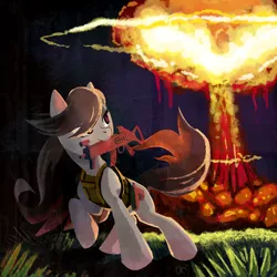 Size: 1200x1200 | Tagged: artist:kapieren, badass, derpibooru import, explosion, gun, mouth hold, mushroom cloud, octavia melody, safe, solo, war