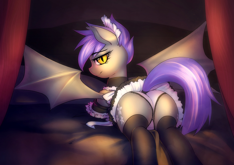 Size: 1400x990 | Tagged: suggestive, artist:bakki, derpibooru import, oc, oc:midnight blossom, unofficial characters only, bat pony, pony, clothes, dress, female, frilly underwear, maid, panties, pink underwear, plot, presenting, skirt, solo, solo female, thigh highs, underwear, upskirt