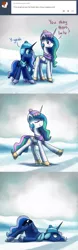 Size: 900x2876 | Tagged: safe, artist:anticular, derpibooru import, princess celestia, princess luna, alicorn, pony, ask sunshine and moonbeams, animated at source, animated in description, annoyed, clothes, comic, duo, duo female, female, hat, ice, ice skating, mare, scarf, snow, tumblr