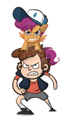 Size: 600x1029 | Tagged: dead source, safe, artist:carmalicious, derpibooru import, scootaloo, pegasus, cap, crossover, deviantart watermark, dipper pines, female, filly, gravity falls, hat, obtrusive watermark, simple background, transparent background, watermark