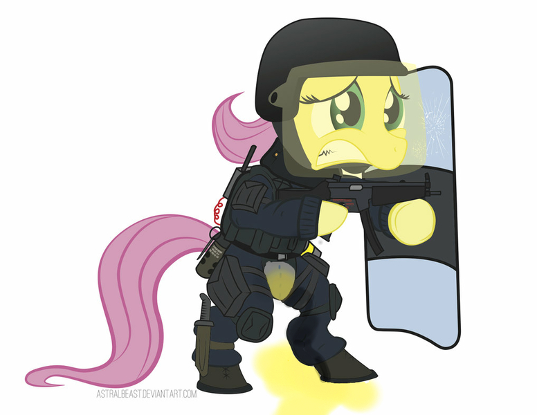 Size: 1017x786 | Tagged: accident, call of duty, diaper, diaper edit, diaper fetish, fear, fluttershy, gun, leaky diaper, questionable, riot gear, riot shield, solo, urine, wet diaper