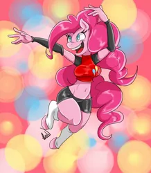 Size: 1117x1280 | Tagged: suggestive, artist:akaidalia, derpibooru import, pinkie pie, anthro, unguligrade anthro, belly button, breasts, clothes, cutie mark on clothes, female, midriff, open mouth, shorts, simple background, smiling, socks, solo, solo female, tight clothing