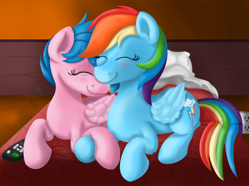 Size: 800x600 | Tagged: safe, artist:inurantchan, derpibooru import, firefly, rainbow dash, pegasus, pony, comic:dash academy, backwards cutie mark, bed, bedroom, blushing, cute, dashfly, eyes closed, female, flyabetes, g1, holding hooves, lesbian, mare, nose wrinkle, nuzzling, prone, remote control, shipping, snuggling, wing fluff