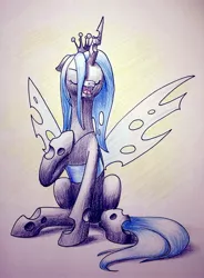Size: 1836x2489 | Tagged: artist:yo-yall, derpibooru import, eyes closed, queen chrysalis, safe, sitting, solo, traditional art