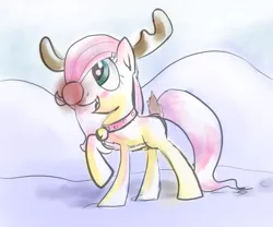 Size: 2400x2001 | Tagged: artist:manfartwish, blank flank, clothes, costume, derpibooru import, filly, fluttershy, raised hoof, reindeer antlers, rudolph the red nosed reindeer, safe, solo