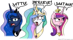 Size: 3100x1700 | Tagged: safe, artist:drako1997, derpibooru import, princess cadance, princess celestia, princess luna, angry, dialogue, finnish, glare, gritted teeth, looking at you, open mouth, perkelestia, simple background, speech bubble, swearing, tongue out, transparent background, vulgar, wide eyes