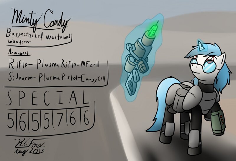 Size: 1280x876 | Tagged: safe, artist:the-furry-railfan, derpibooru import, oc, oc:minty candy, unofficial characters only, pony, unicorn, fallout equestria, fallout equestria: occupational hazards, armor, energy weapon, glasses, glowing horn, gun, hooves, horn, levitation, magic, magical energy weapon, male, plasma rifle, reference sheet, saddle bag, solo, stallion, stats, telekinesis, weapon