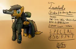 Size: 1280x820 | Tagged: safe, artist:the-furry-railfan, derpibooru import, oc, oc:twintails, unofficial characters only, pegasus, pony, fallout equestria, fallout equestria: occupational hazards, armor, atomic bomb, clothes, gun, pipbuck, reference sheet, solo, stats