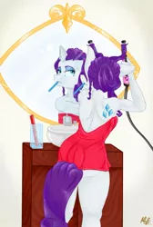 Size: 1005x1495 | Tagged: alternate hairstyle, alternative cutie mark placement, anthro, artist:bookxworm89, bathroom, breasts, derpibooru import, female, hair curlers, mirror, mouth hold, rarity, sink, solo, solo female, suggestive, toothbrush, towel