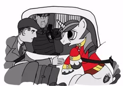 Size: 500x350 | Tagged: artist:dantheman, badge, black and white, car, chapter image, clothes, crossed hooves, derpibooru import, duo focus, fanfic, fanfic art, fanfic:chrysalis visits the hague, fimfiction, fimfiction.net link, human, lawyer, monochrome, necktie, neo noir, nervous, netherlands, oc, partial color, police, pony on earth, safe, scared, shining armor, taxi, uniform
