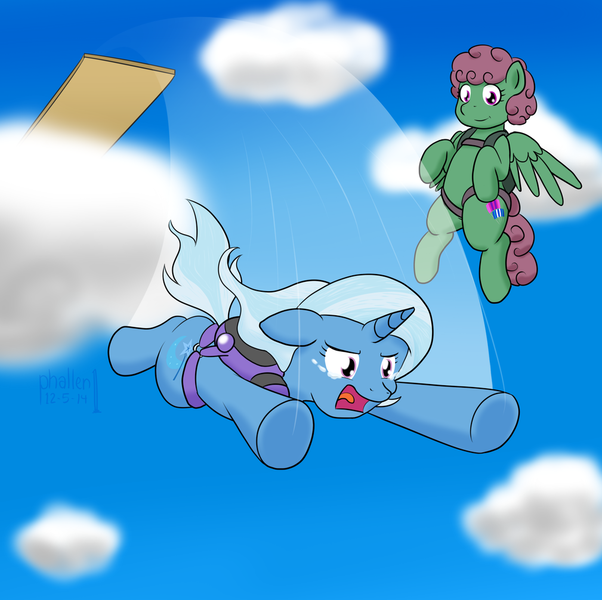 Size: 1024x1020 | Tagged: safe, artist:phallen1, derpibooru import, trixie, oc, oc:windcatcher, pony, unicorn, cloud, crying, diving board, falling, female, leap, mare, newbie artist training grounds, parachute, screaming, skydiving