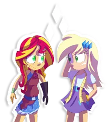 Size: 1076x1204 | Tagged: safe, artist:fj-c, derpibooru import, applejack, sunset shimmer, equestria girls, magical mystery cure, accessory swap, clothes swap, equestria girls interpretation, implied rarity, loose hair, scene interpretation, swapped cutie marks