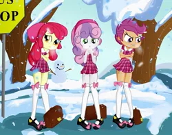 Size: 1217x960 | Tagged: safe, artist:ohohokapi, deleted from derpibooru, derpibooru import, apple bloom, scootaloo, sweetie belle, equestria girls, :o, bag, breath, bus stop, clothes, cold, cutie mark crusaders, dress, frown, looking at you, mary janes, miniskirt, school uniform, schoolgirl, shivering, shoes, short dress, skirt, skirtaloo, snow, snowfall, snowman, socks, thigh highs, tomboy taming, tree, winter